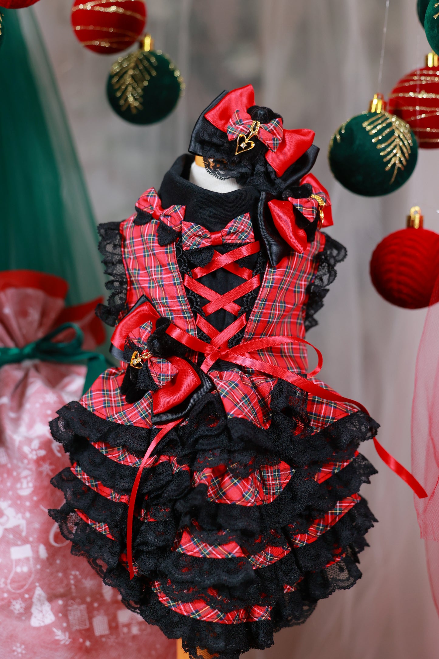 タータンチェックブラックベアーワンピース