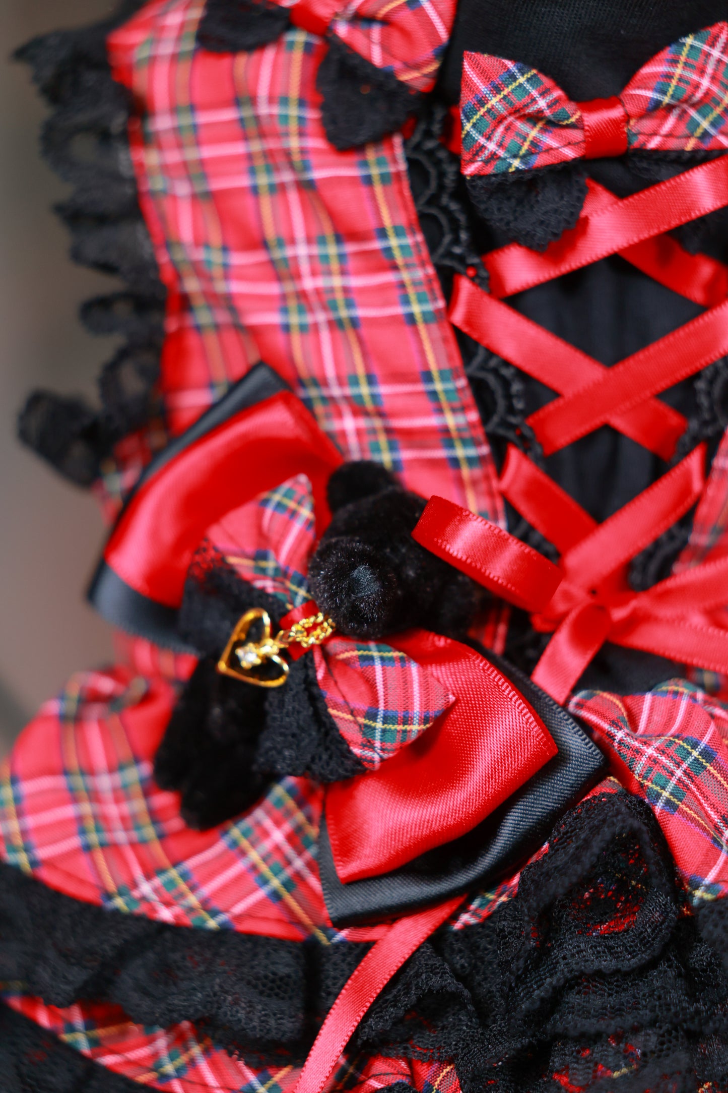 タータンチェックブラックベアーワンピース