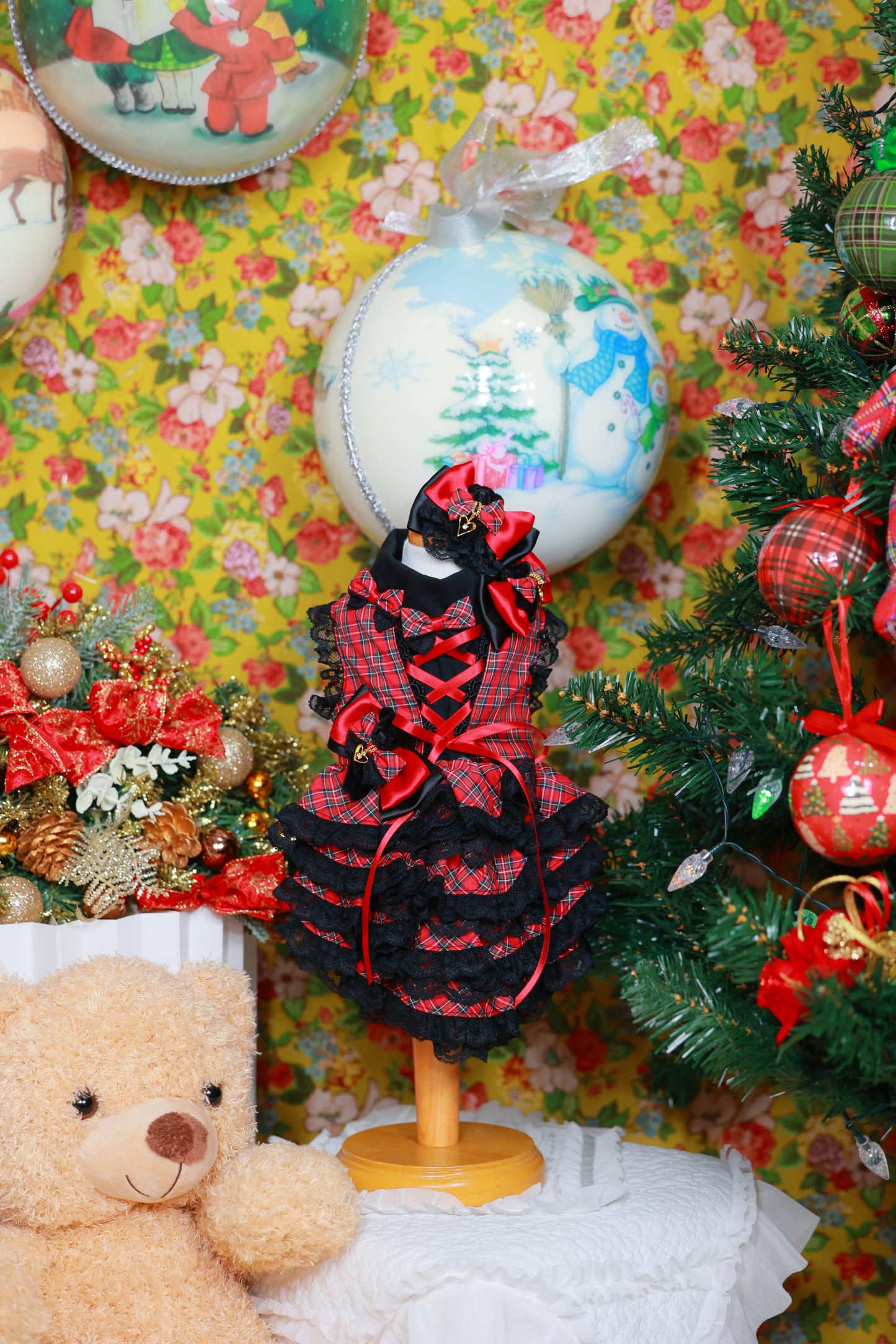 タータンチェックブラックベアーワンピース